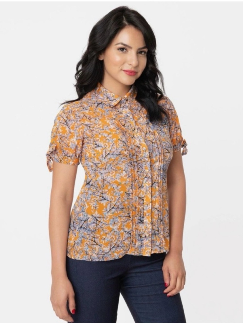 Unique Vintage Red Floral Branch Print Pintuck Blouse Button Up 1940s Style M - Picture 10 of 11